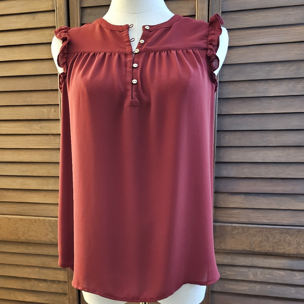 LOFT Burgundy Quarter Button Down Flutter-Sleeve Blouse (PS)